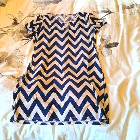 Tacera Striped Shirt Sleeve Navy and White Dress - - Picture 2 of 6